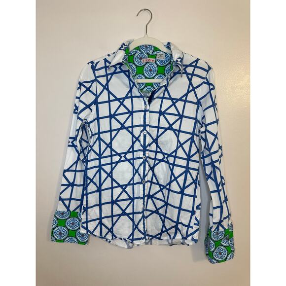 Dizzy Lizzie Tizzie Womens Long Sleeve Button Up Blue Green Preppy Shirt Medium - Picture 1 of 7